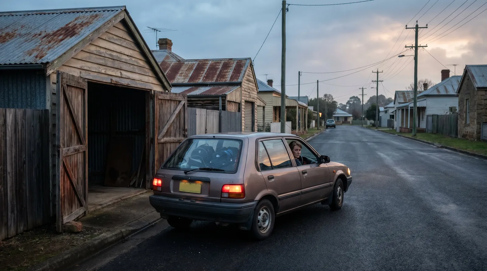 A hatchback backing out of an old garage before dawn, tail-lights on in the blue morning light