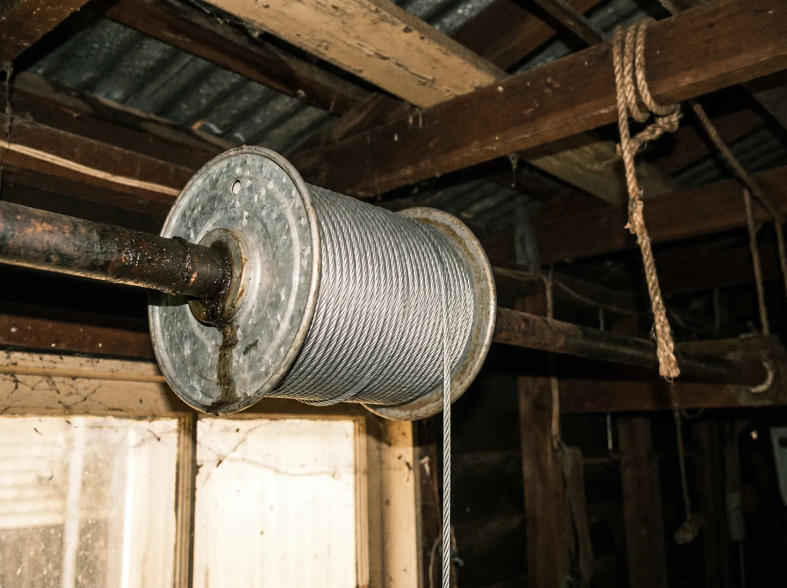 Galvanised steel cable wound in neat even wraps on a drum in an old timber shed