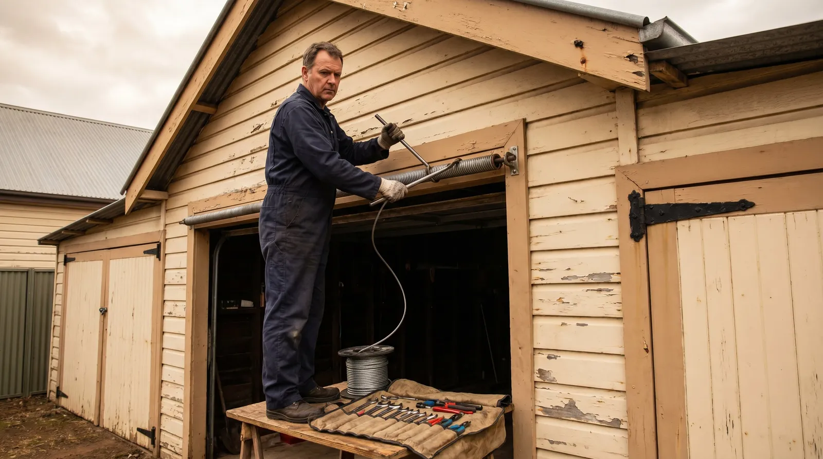 A technician winding a garage door torsion spring with steel winding bars above the doorway of an older weatherboard garage