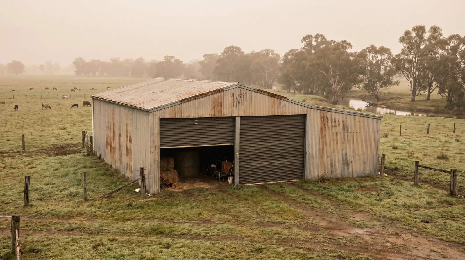 A galvanised farm shed with wide roller doors on river-flat acreage
